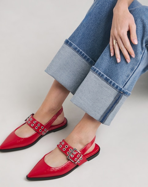 Naples Pointed Toe Hardware Mary Jane Flat Slingback Shoes - Wide Fit (E)