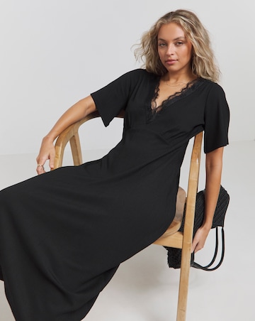 Black Waffle Lace Trim Midi Dress