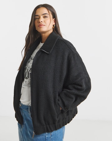 Black Seamed Detail Faux Wool Bomber
