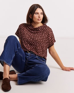 Brown &amp; Pink Spot Print High Neck Mesh Top