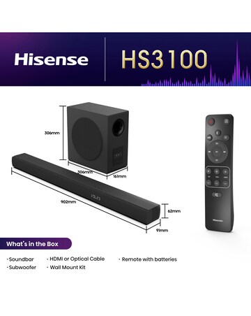 Hisense HS3100 3.1ch 480W Soundbar with Wireless Subwoofer