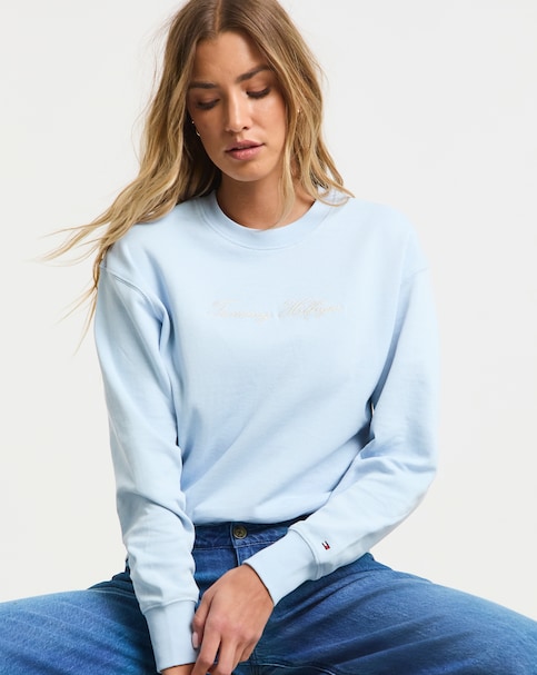 Tommy Hilfiger Pique Script Crew Neck Sweatshirt - Light Blue