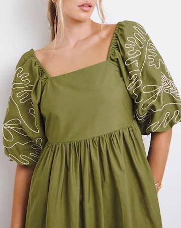 Khaki Embroidered Sleeve Cotton Poplin Midi Dress