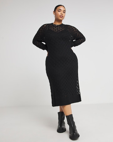 Black Pointelle Lace Midi Jumper Dress