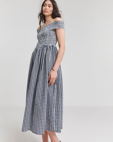 Nobody's Child Navy Gingham Check Bardot Amanda Midaxi Dress