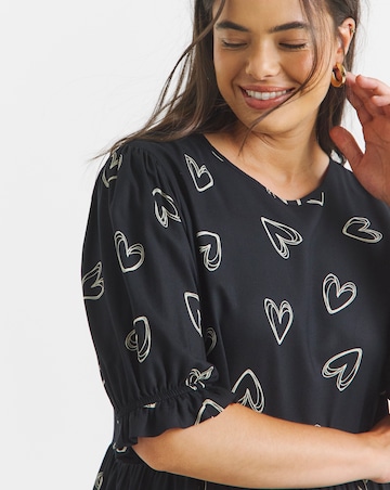 Black Heart Print Spun Viscose Midi Dress