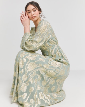 Sage Foil Jacquard Button Through Maxi Dress
