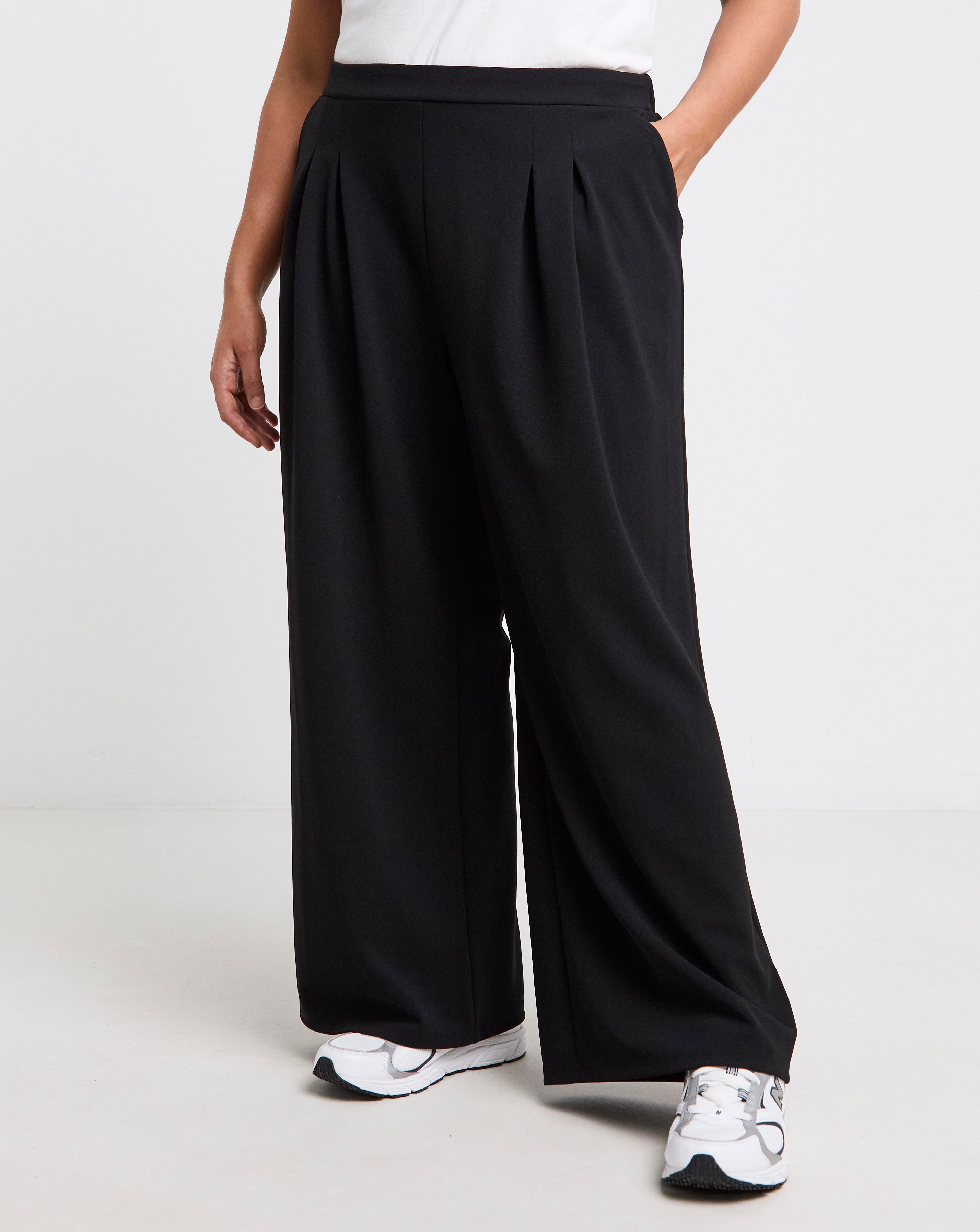 Black Scuba Crepe Wide Leg Pleat Front Trousers | Simply Be