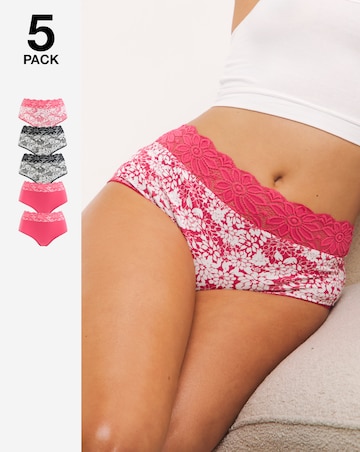 Pretty Secrets 5 Pack Lace Top Full Fit Brief Knickers - Pink Floral