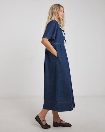 Mid Blue Denim Tie Front Midi Dress