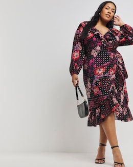 Floral Foil Printed Wrap Midi Dress