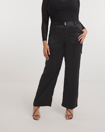 Black Stretch Satin Cargo Wide Leg Trousers