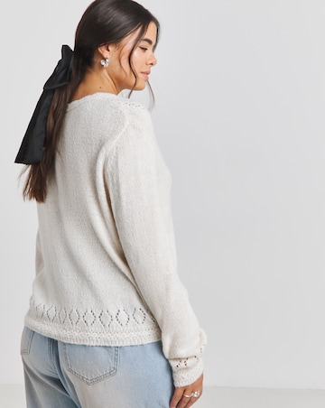 Cream Pointelle Fluffy Scallop Edge Cardigan