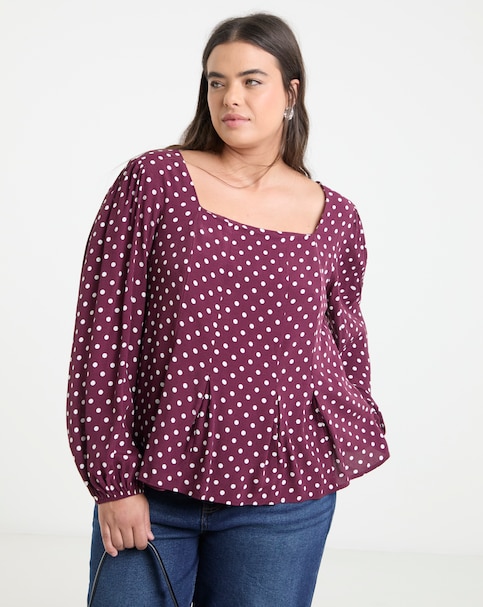 Spot Print Square Neck Tea Blouse