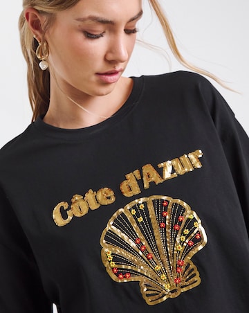 Simply Be Black Embellished Cote D'Azure Graphic T-Shirt