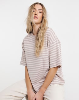 Simply Be Mocha &amp; Ecru Stripe Oversized Slouchy Crew Neck T-Shirt
