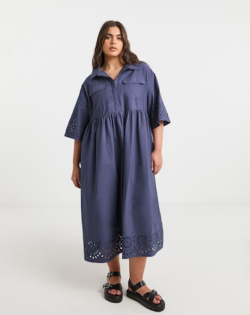 Simply Be Blue Broderie Detail Shirt Dress