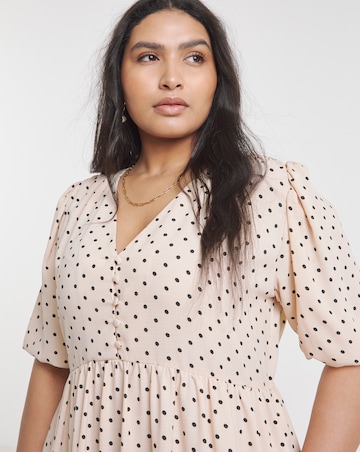 Spot Print Button Through Midi Dress With Pockets