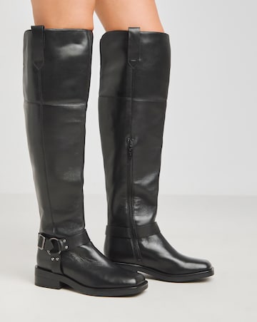 Naira Leather Over Knee Western Biker Boots - Wide Fit (E) & Super Curvy Calf