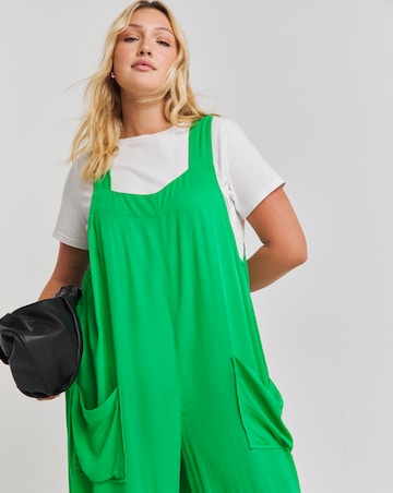 Green Crinkle Wide Leg Jumpsuit With Pockets