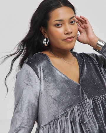 Silver Grey Velour Hotfix Smock Dress