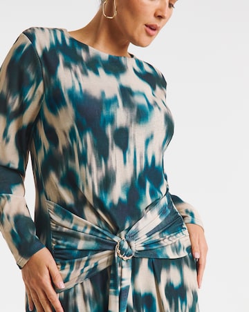 Blur Print Mesh Ruched Buckle Detail Midi Dress