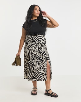 Mono Print Spun Viscose Side Split Midi Skirt
