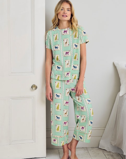 Chelsea Peers Organic Cotton Capri Bottom Pyjama Set Playing Card Animal Print