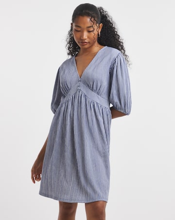 Blue Stripe Waffle Waist Detail Skater Dress
