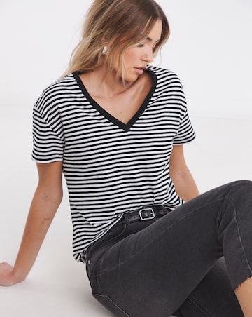 Simply Be Black & White Stripe Pure Cotton V Neck T-Shirt