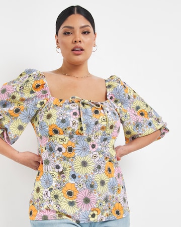 Square Neck Balloon Sleeve Floral Top