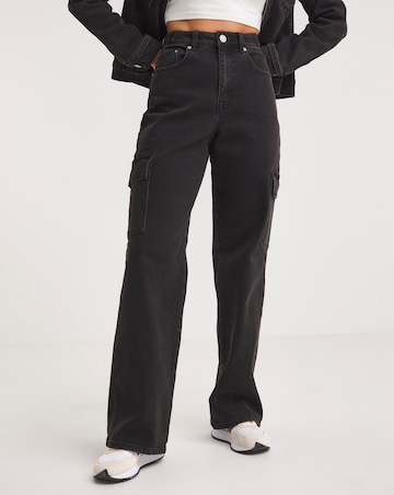 Black High Rise Straight Leg Denim Cargo