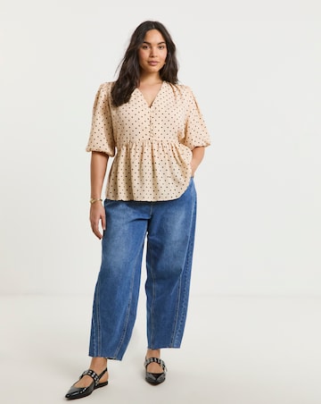 Spot Print Button Through Peplum Blouse