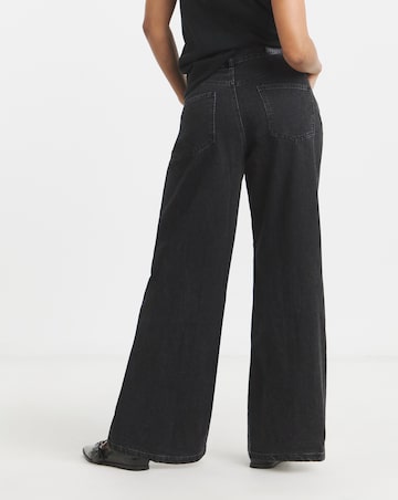 Washed Black Double Pleat Detail Wide Leg Jeans