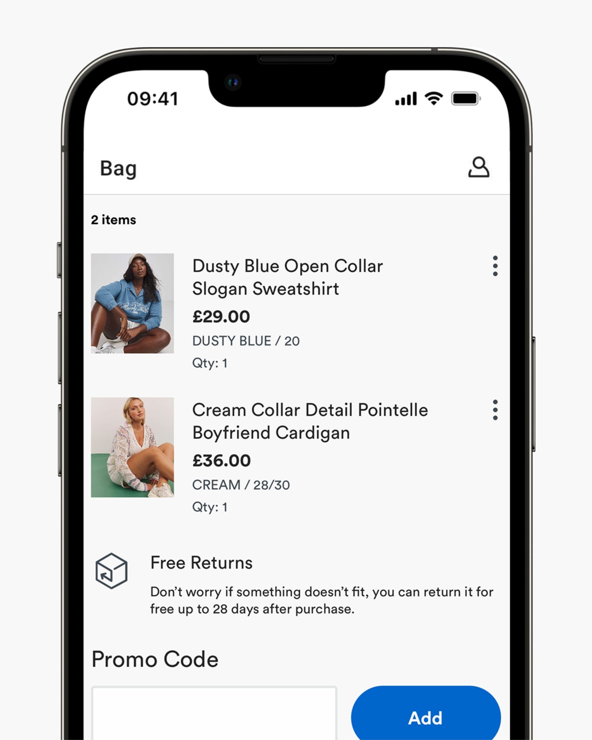 Saved items on the bag page