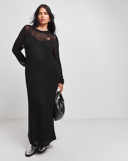 Black Crew Neck Ladder Knitted Dress