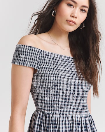 Nobody's Child Navy Gingham Check Bardot Amanda Midaxi Dress