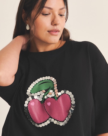 Simply Be Black Embellished Cherries T-Shirt
