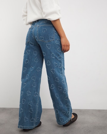 Mid Wash Distressed Heart Straight Leg Jean