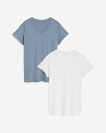 White & Blue 2 Pack Longline Pure Cotton V Neck T-Shirts