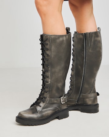Davina Leather Knee High Lace Up Utility Boots Extra Wide EEE Fit Curvy Calf