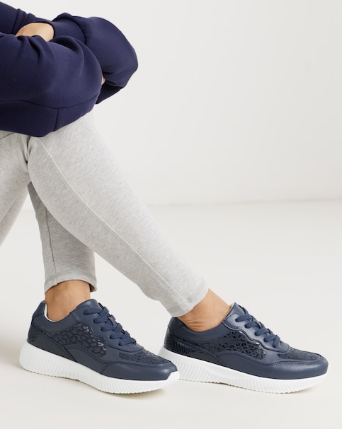 Heavenly Soles Rosetta Lace Up Patterned Leather Trainer - Wide Fit (E)