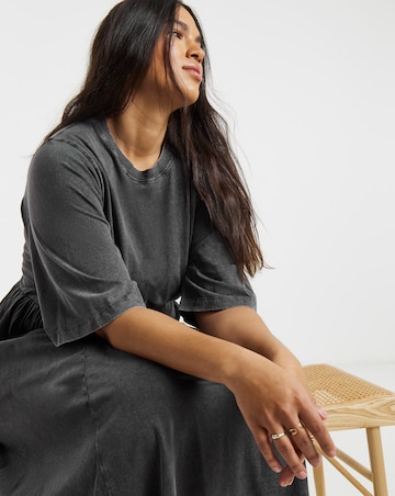 Grey Acid Wash Midi Dress With Waist Detail