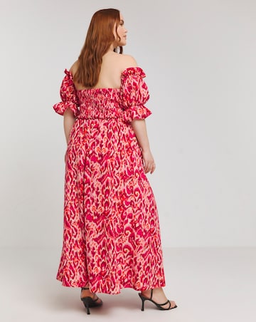 Lovedrobe Ikat Print Shirred Back Bardot Maxi Dress
