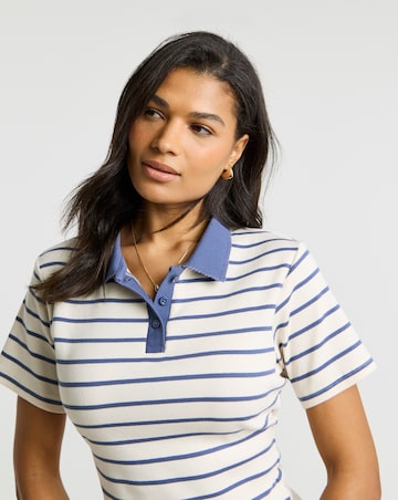 Simply Be Blue Stripe Ribbed Polo Top