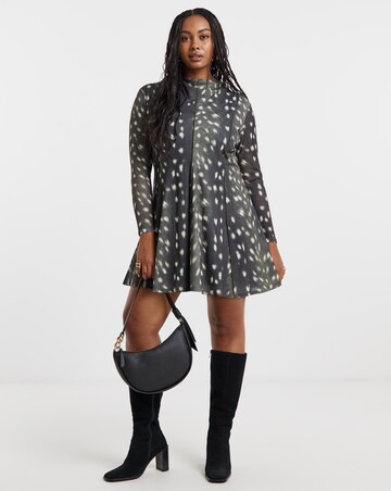 Green Animal Print Seamed Mesh Fit and Flare Skater Dress
