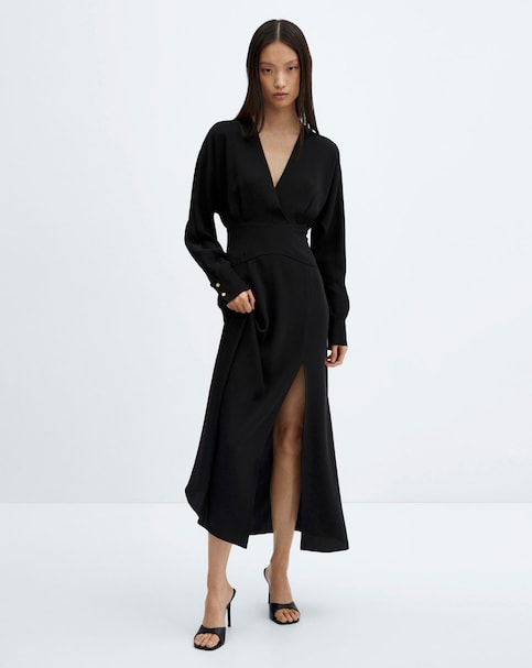 Mango Cross - Neckline Slit Dress - Black
