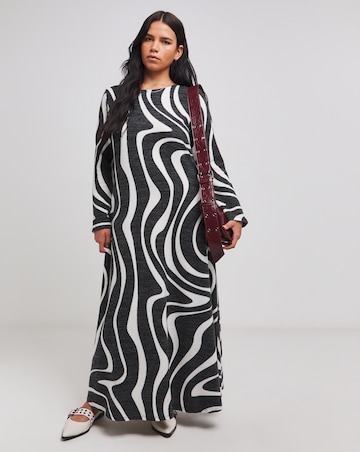 Mono Print Rib Flare Sleeve Cosy Maxi Dress