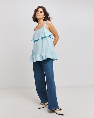 Blue Linen Frill Detail Vest Top