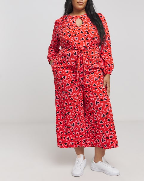 Simply Be Mixed Animal And Heart Printed Tie Front Wide Leg Jumpsuit